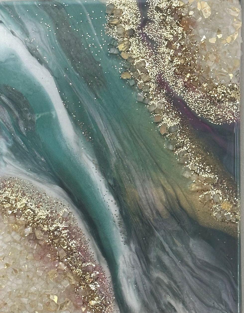 Thumbnail: Emerald and gold resin canvas displayed on wall – modern green geode artwork for home decor