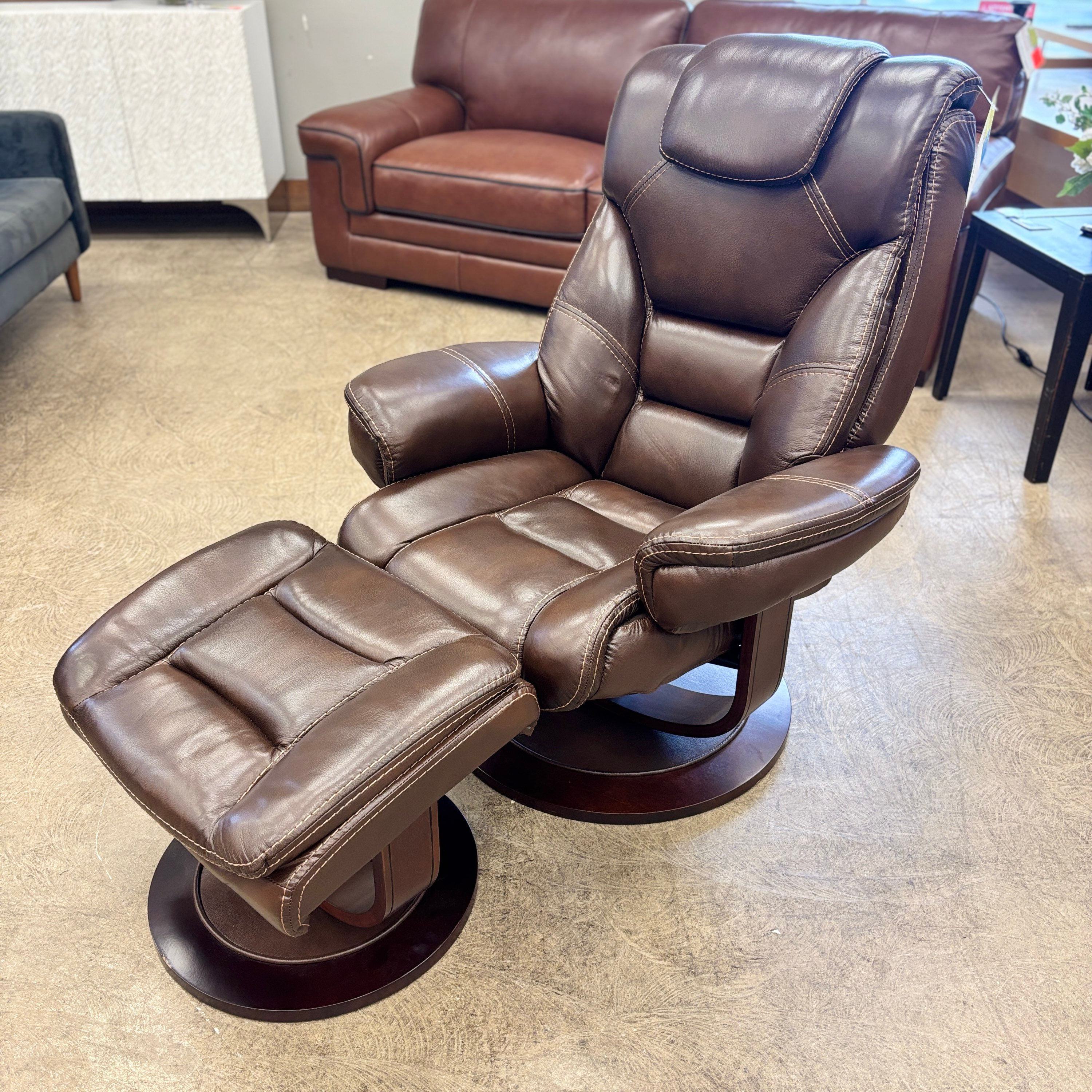 Brown Genuine Leather Swivel Chair w/ Ottoman