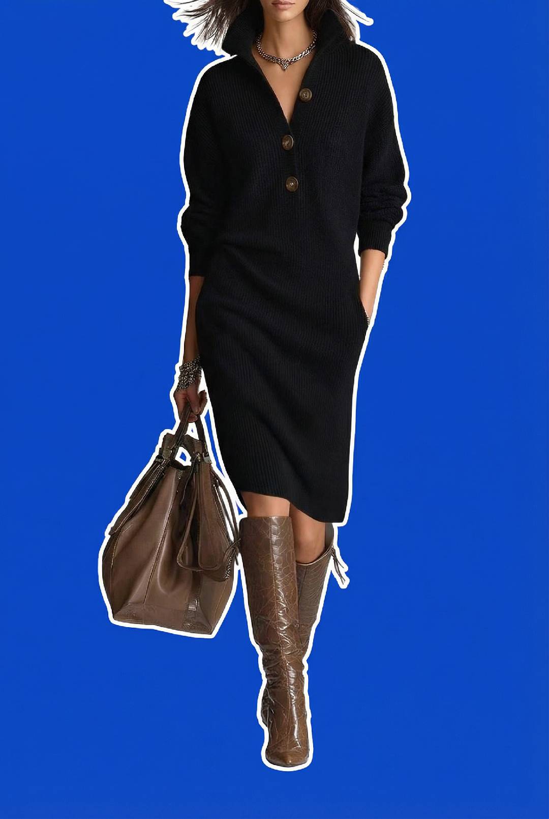 Moderne Frau trägt ein schwarzes, langes Strickkleid mit Metallkette und hält eine Lederhandtasche.