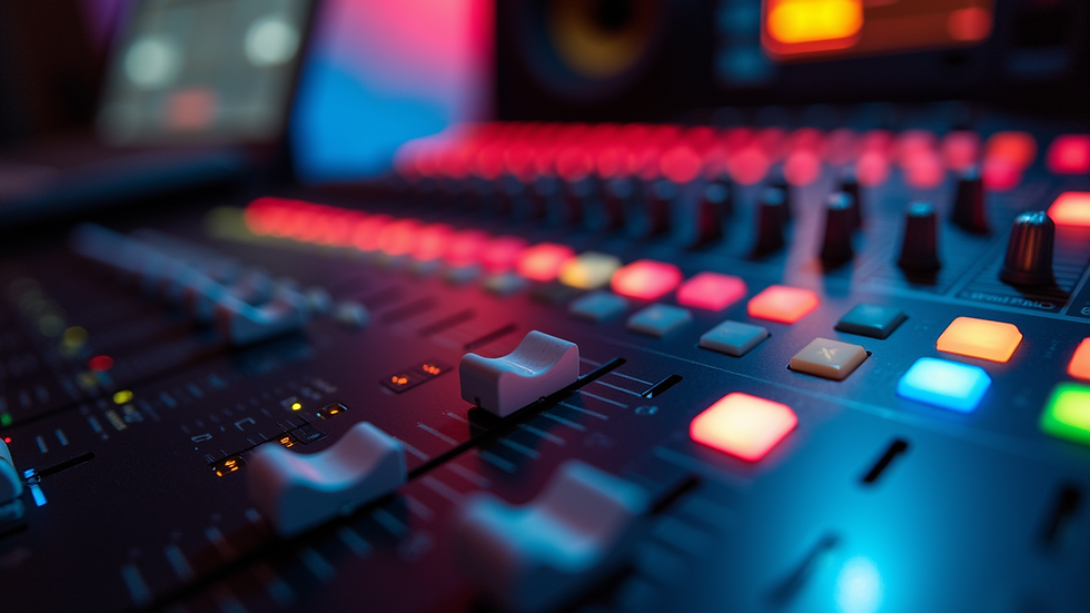 Eye-level view of a mixing console with colorful LED meters lit up