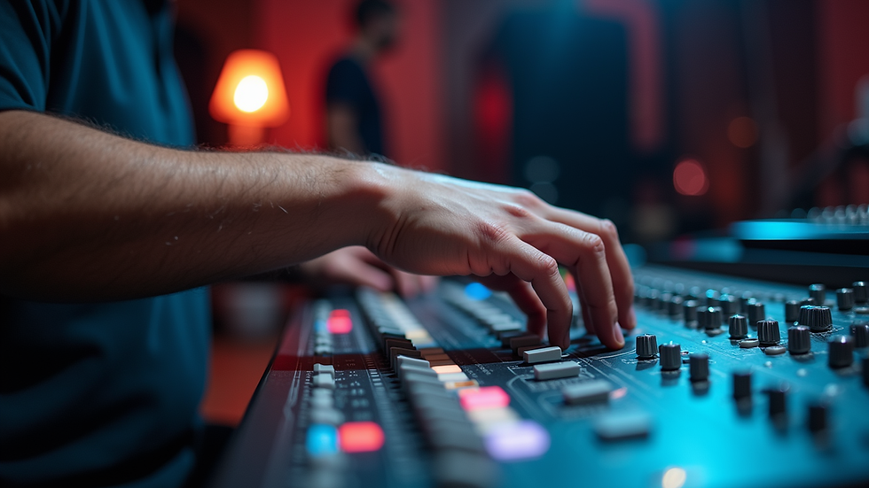 Close-up view of a sound engineer adjusting audio levels on a mixing board