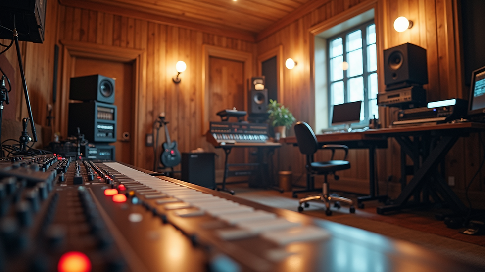 Eye-level view of a modern music studio with mixing console and instruments