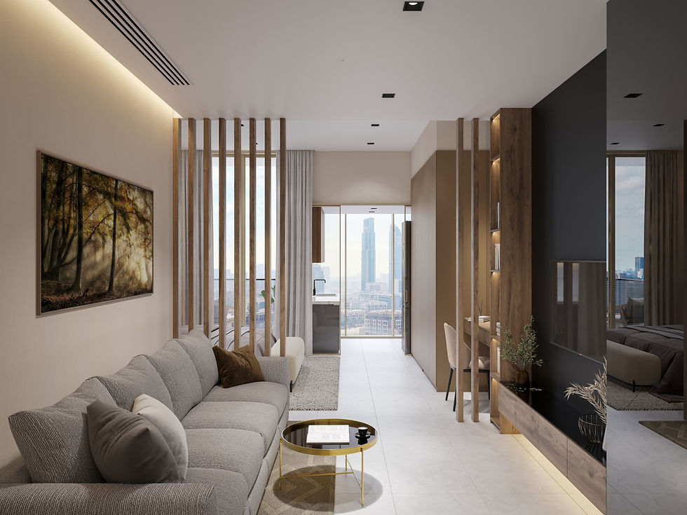 Soothing interior in a hotel room with a view of the bustling city