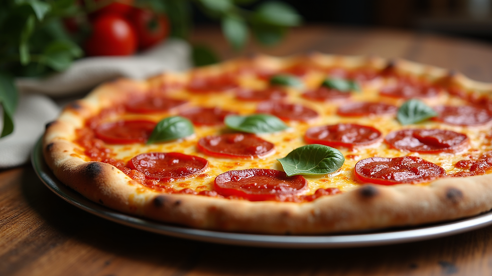 Eye-level view of a freshly baked pepperoni pizza on a wooden table