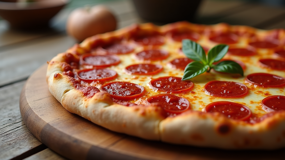 Close-up view of a freshly baked pepperoni pizza on a wooden table