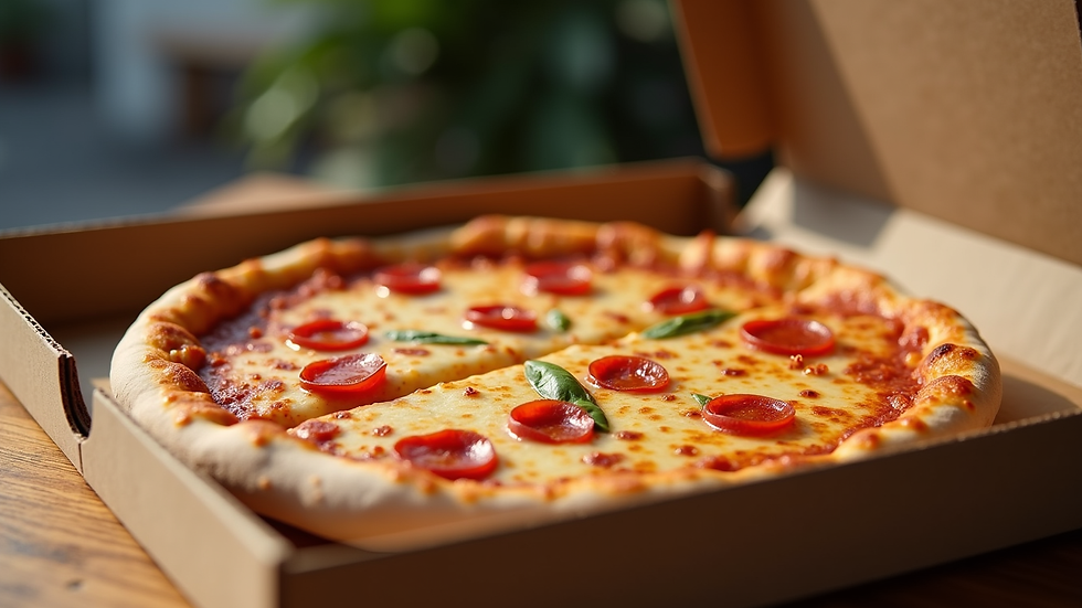 Close-up view of a delivery pizza box with a hot cheese pizza inside