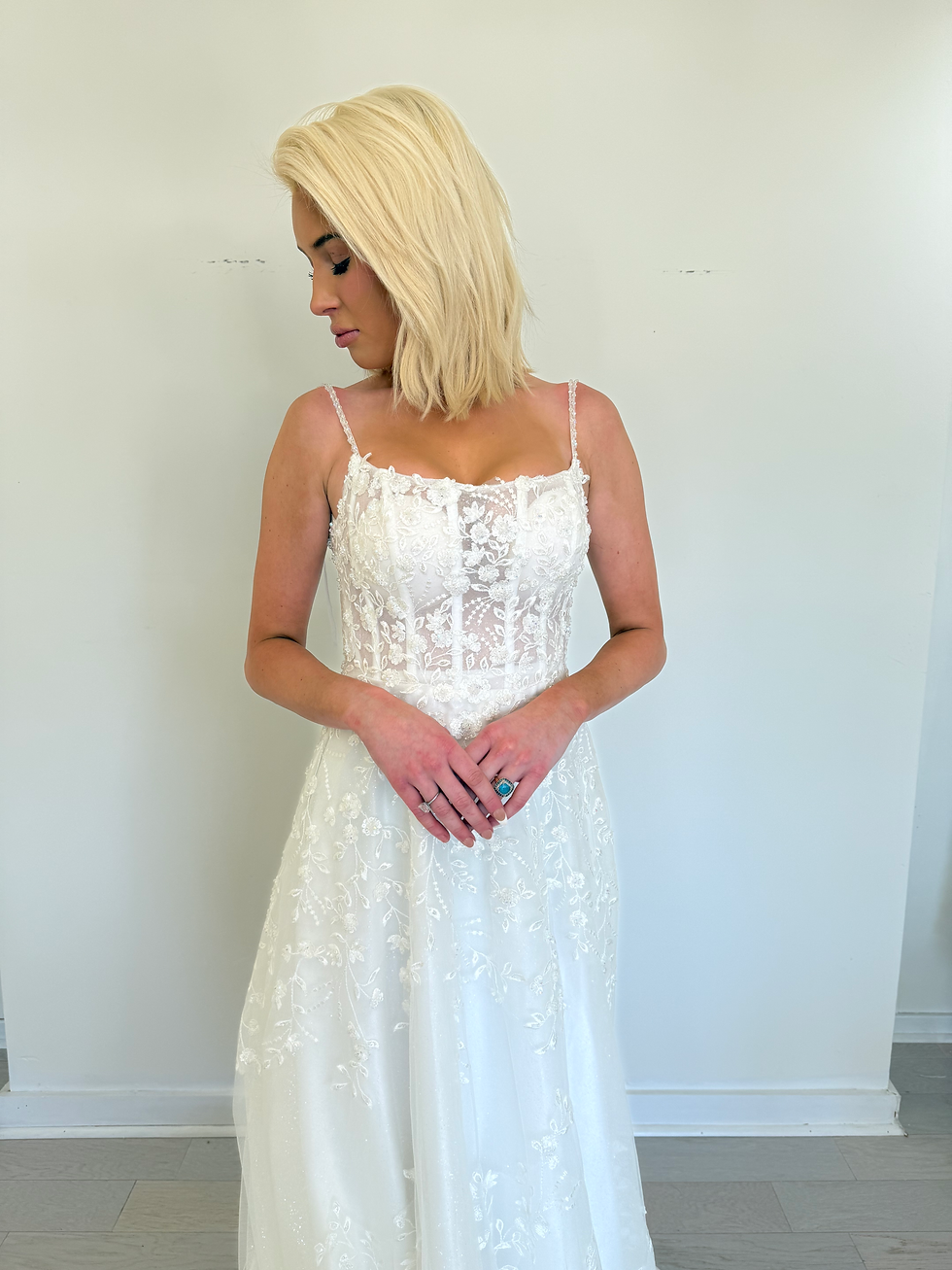 Thumbnail: Square Neck Lace A-Line Dress with Train