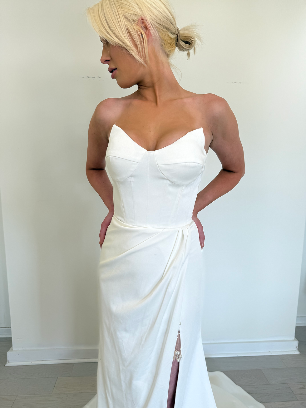 Thumbnail: Stretch Satin Gown with Pearl Slit