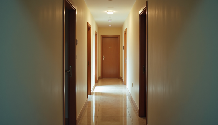 Eye-level view of a hallway in a multi-unit apartment building showing doors and shared walls