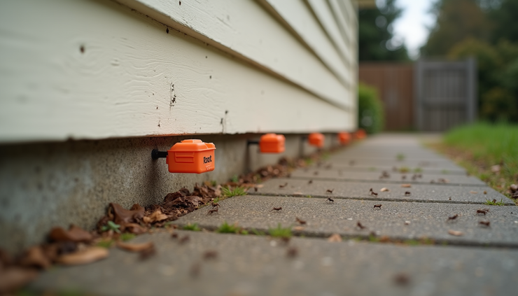 Eye-level view of ant bait stations placed near a house foundation