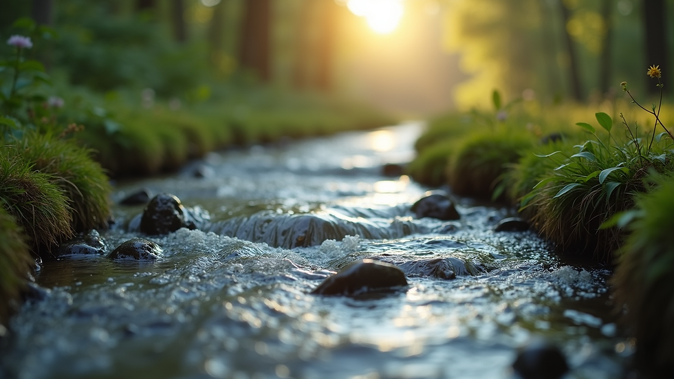 Close-up view of a serene nature scene with a flowing stream