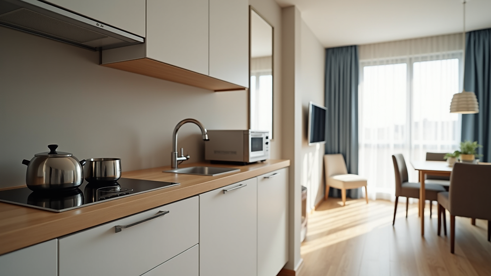Close-up view of a fully equipped kitchen in a holiday apartment