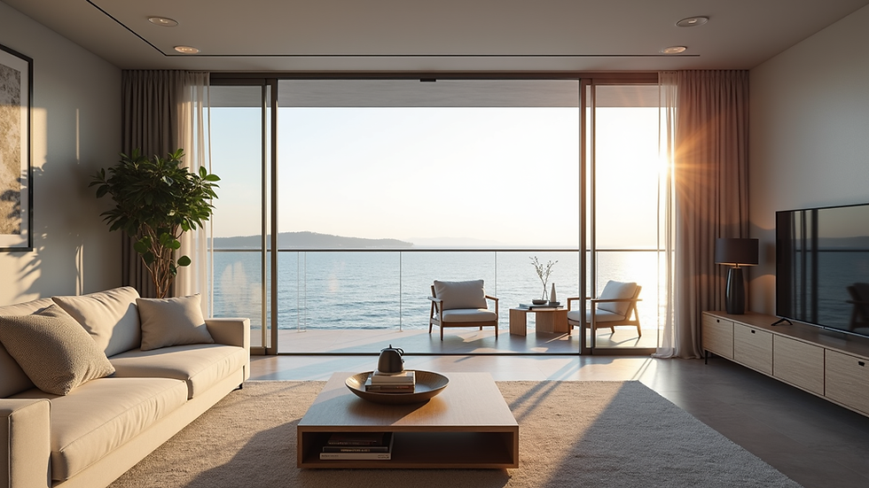 Eye-level view of a modern apartment living room with sea view