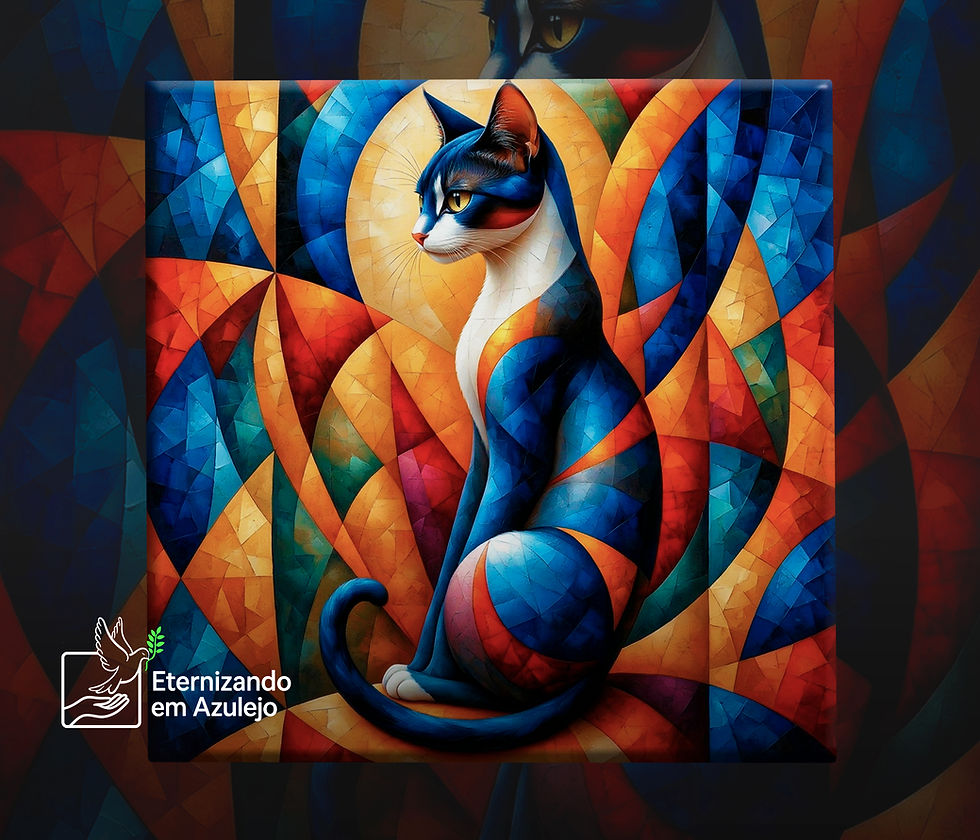 Azulejo Personalizado Gato Místico Arte Moderna em cerâmica com postura elegante de felino, efeito de vitral geométrico e tons de azul e laranja.