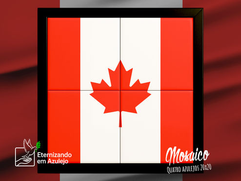 Mosaico composto por quatro azulejos 20x20 cm ou 15x15 cm com moldura preta, apresentando a bandeira do Canadá com a folha de bordo centralizada em alta definição.