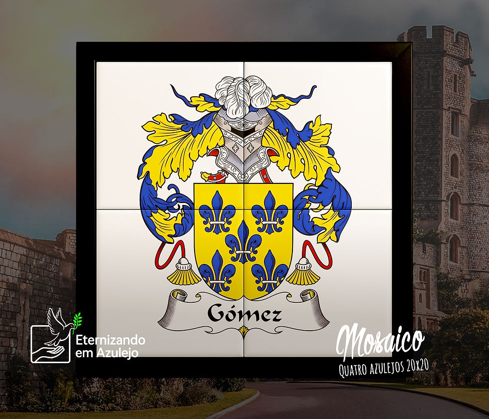 Mosaico personalizado com o brasão da Família Gómez, apresentando escudo dourado com flores-de-lis azuis e elmo de cavalaria, composto por quatro azulejos com moldura preta.