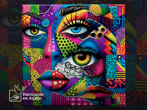 Azulejo Personalizado Pop Art Surrealista em cerâmica com ilustração de colagem urbana, olhos marcantes e tons vibrantes.