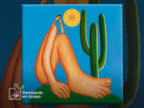 foto no azulejo personalizado abaporu modernismo brasileiro em cerâmica inspirada em Tarsila do Amaral com cacto e sol.