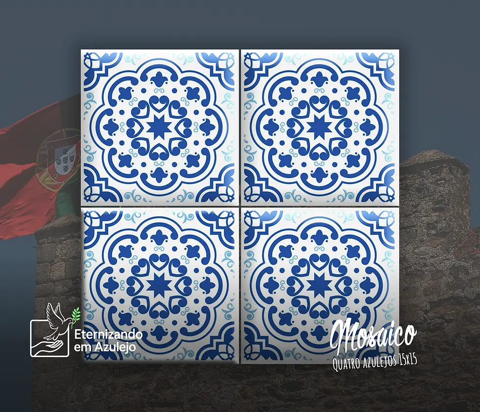 Azulejo personalizado português no modelo tradicional com estampa de ramalhetes de flores centrais e moldura de linhas geométricas azuis sobre fundo claro.