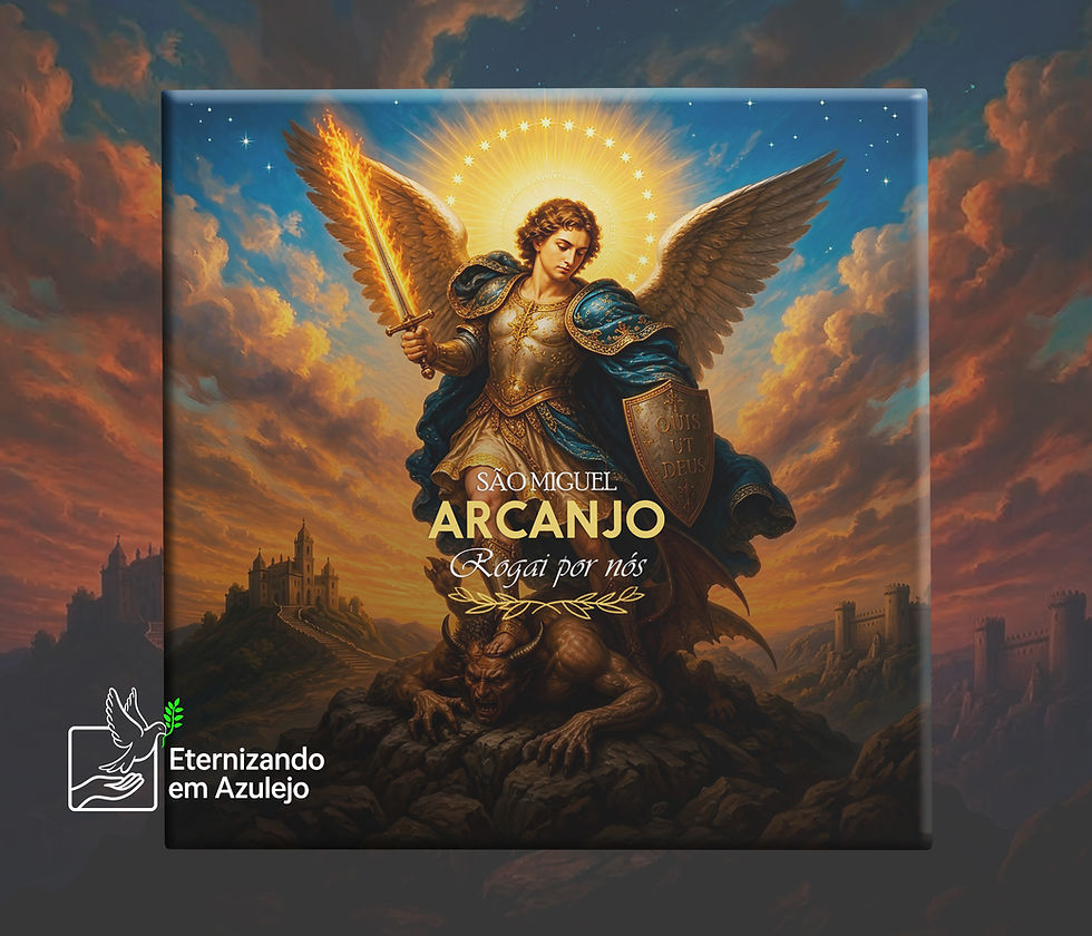 Azulejo Personalizado Católico São Miguel Arcanjo em cerâmica com espada flamejante, escudo Quis Ut Deus e a oração São Miguel Arcanjo Rogai por Nós.