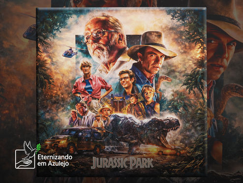 Azulejo personalizado com foto do filme Jurassic Park, destacando o T-Rex, os personagens principais e a icônica Land Rover na selva.
