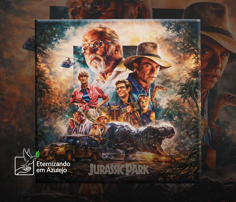 Azulejo personalizado com foto do filme Jurassic Park, destacando o T-Rex, os personagens principais e a icônica Land Rover na selva.