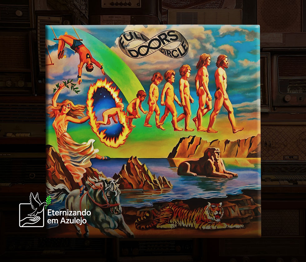 Azulejo Personalizado Capa de Disco The Doors Full Circle em cerâmica com a ilustração psicodélica de Joe Garnett sobre a evolução humana.