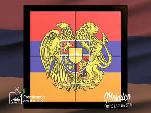 Mosaico composto por quatro azulejos 20x20 cm com moldura preta, apresentando a bandeira da Armênia com o Brasão de Armas (águia e leão) em alta definição.