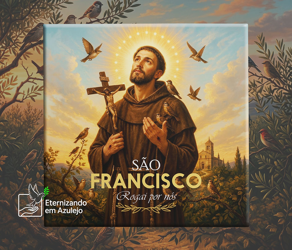 Azulejo Personalizado Católico São Francisco em cerâmica com hábito franciscano, pássaros ao redor, crucifixo e a oração São Francisco Rogai por Nós.