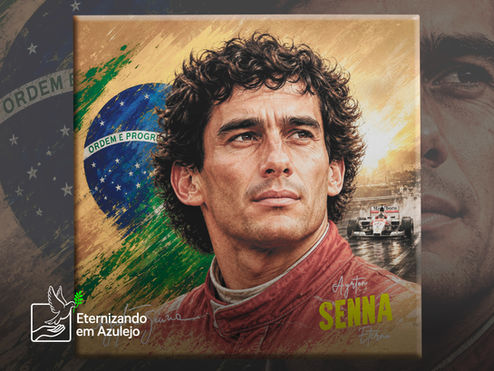 Azulejo Personalizado Ayrton Senna Eterno exibindo uma peça cerâmica individual quadrada. A estampa traz o retrato de Ayrton Senna em macacão vermelho com a bandeira do Brasil ao fundo, o carro de Fórmula 1 na pista e a escrita Senna Eterno.