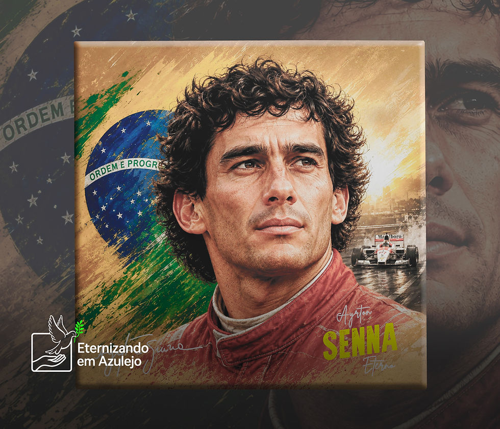 Azulejo Personalizado Ayrton Senna Eterno exibindo uma peça cerâmica individual quadrada. A estampa traz o retrato de Ayrton Senna em macacão vermelho com a bandeira do Brasil ao fundo, o carro de Fórmula 1 na pista e a escrita Senna Eterno.