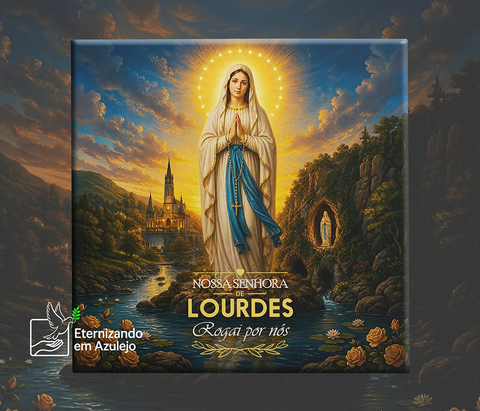 Azulejo Personalizado Católico Nossa Senhora de Lourdes em cerâmica com túnica branca, faixa azul, gruta e a oração Nossa Senhora de Lourdes Rogai por Nós.