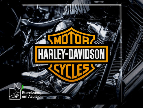 Azulejo decorativo com o logo Harley-Davidson em laranja e preto sobre um motor de motocicleta detalhado em preto e branco.