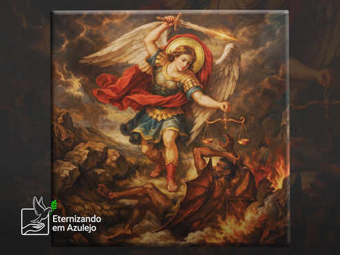 Azulejo Personalizado São Miguel Arcanjo e Proteção Divina exibindo uma peça cerâmica individual quadrada com fundo claro. A estampa traz uma pintura sacra onde o Arcanjo Miguel, vestindo armadura dourada e manto vermelho com asas abertas, empunha uma espada flamejante e segura uma balança, derrotando o mal sob seus pés entre chamas.