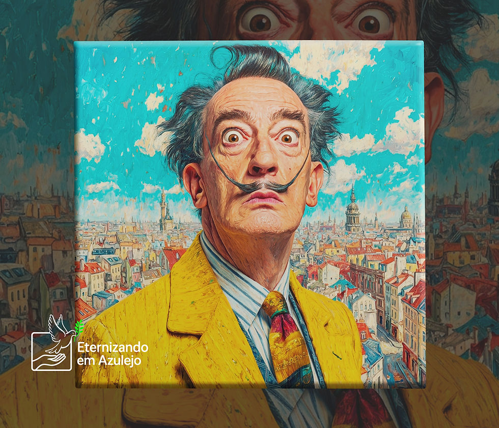 Azulejo Personalizado Salvador Dalí em cerâmica com bigode icónico, blazer amarelo, olhar expressivo e paisagem urbana ao fundo.
