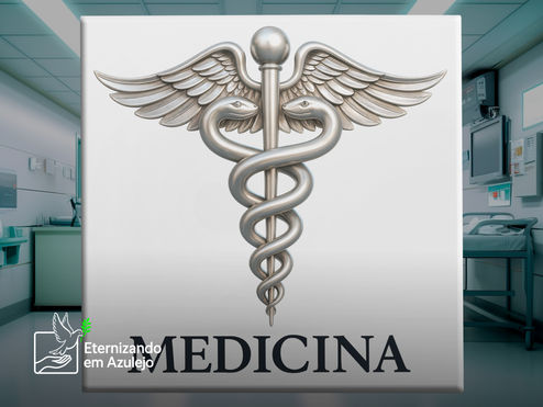 Azulejo Decorativo Profissão Medicina com símbolo do Caduceu de Hermes prateado em relevo sobre fundo branco.
