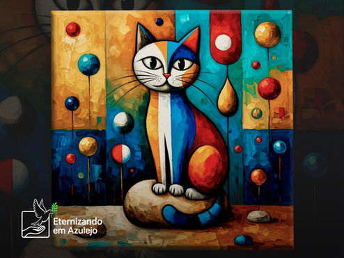 Azulejo Personalizado Gato Cubista Arte Moderna em cerâmica com gato estilizado em cores vibrantes e formas geométricas no fundo.