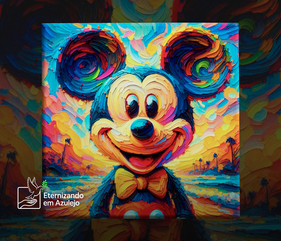 Azulejo Personalizado Mickey Mouse Pop Art em cerâmica com gravata borboleta, sorriso alegre e fundo praiano estilo pintura artística texturizada.