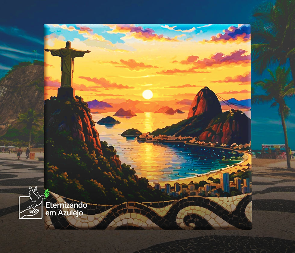 foto no azulejo personalizado rio de janeiro pôr do sol em cerâmica com Cristo Redentor, Pão de Açúcar e calçadão de Copacabana.