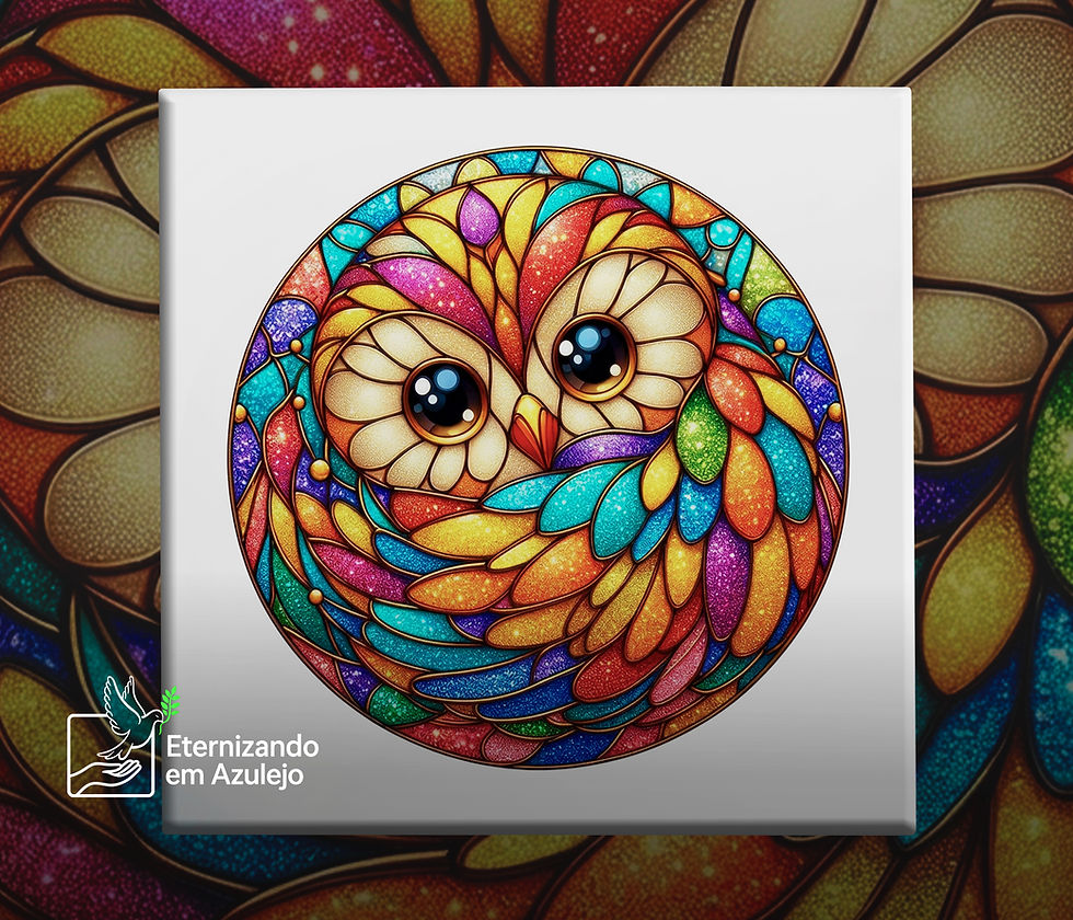 Azulejo Personalizado Coruja Mandala Vitral em cerâmica com ilustração circular de coruja fofa, efeito de vitral e penas coloridas.