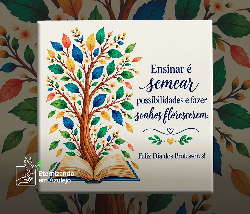 foto no azulejo personalizado dia dos professores semear sonhos em cerâmica com livro aberto e árvore florida.