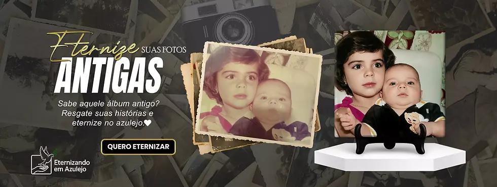 Mosaico de Azulejo Bodas de Ouro com restauração de foto antiga de família ao lado de foto