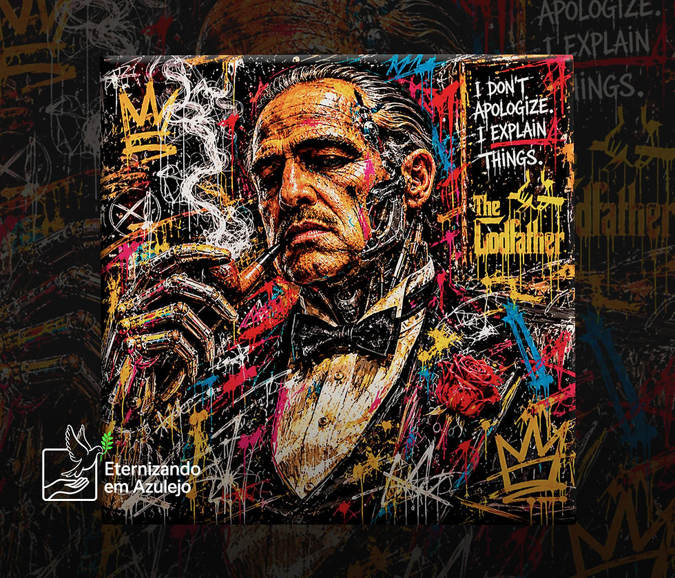 Azulejo Personalizado O Poderoso Chefão Pop Art em cerâmica com Don Vito Corleone, cachimbo, rosa vermelha, elementos de grafitti e coroa dourada.