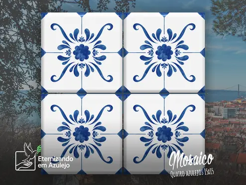 zulejo personalizado cerâmico português com estampa tradicional em azul-cobalto destacando um desenho central simétrico e ramificações ornamentais clássicas.