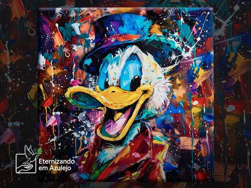 Azulejo Personalizado Tio Patinhas Pop Art em cerâmica com cartola, sorriso marcante e fundo abstrato colorido estilo pintura urbana.