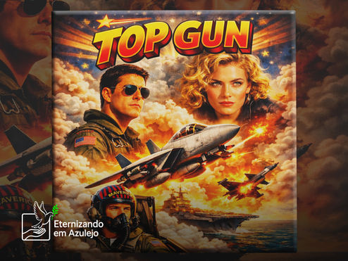 Azulejo personalizado com foto do filme Top Gun, Tom Cruise e aviões de caça, acabamento em cerâmica de alto brilho.