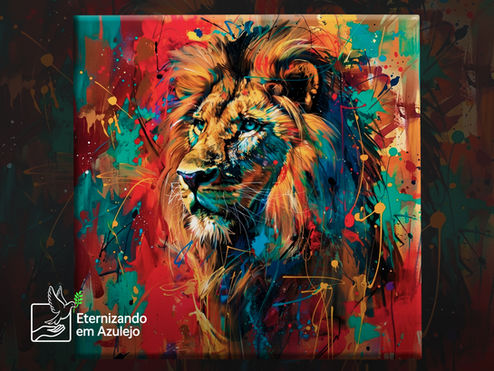 foto no azulejo personalizado leão expressionista arte moderna em cerâmica com respingos de tinta colorida e olhar marcante.