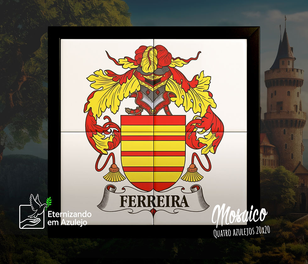Mosaico personalizado com o brasão da Família Ferreira, apresentando escudo com listras horizontais em vermelho e ouro, composto por quatro azulejos com moldura preta.