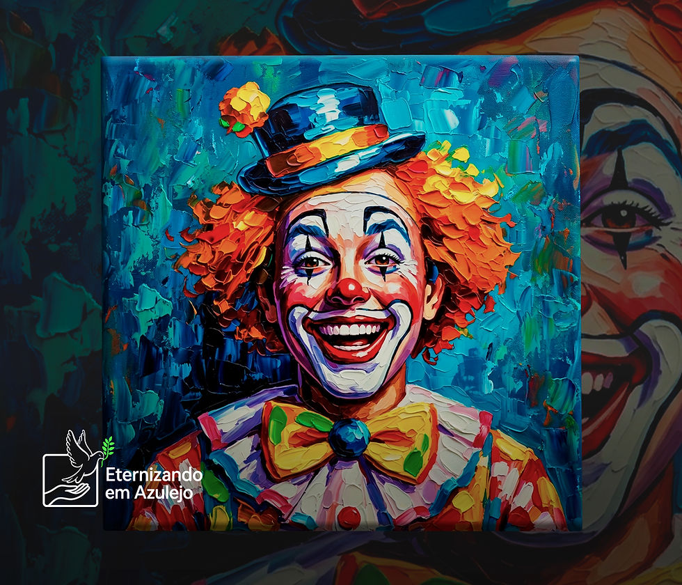 Azulejo Personalizado Palhaço Alegre Arte Moderna em cerâmica com pintura espatulada, sorriso expressivo, chapéu azul e peruca laranja.