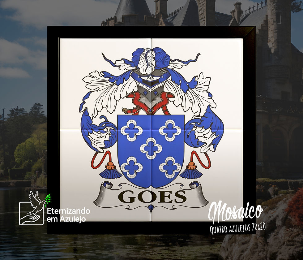 Mosaico personalizado com o brasão da Família Goes, apresentando escudo azul com cinco flores-de-lis prateadas e elmo de cavalaria, composto por quatro azulejos com moldura preta.